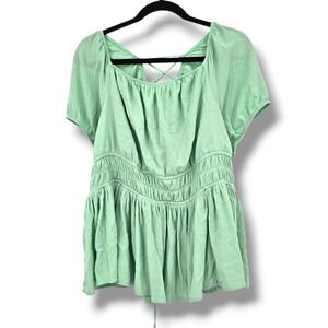 Torrid Mint Green Peplum Top Lace‎ Up Back Short Sleeve Smocked Waist